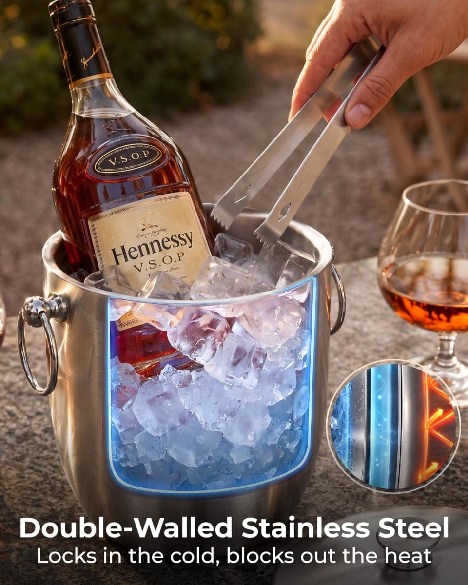 Zulay 3 Liter Double-Wall Insulated Ice Bucket for Cocktail Bar - Ice Buckets for Parties, Outdoor & Indoor - Stainless Steel Ice Bucket with Lid, Strainer & Tongs Included thumbnail 4