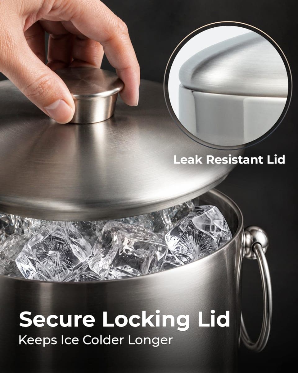 Zulay 3 Liter Double-Wall Insulated Ice Bucket for Cocktail Bar - Ice Buckets for Parties, Outdoor & Indoor - Stainless Steel Ice Bucket with Lid, Strainer & Tongs Included thumbnail 5