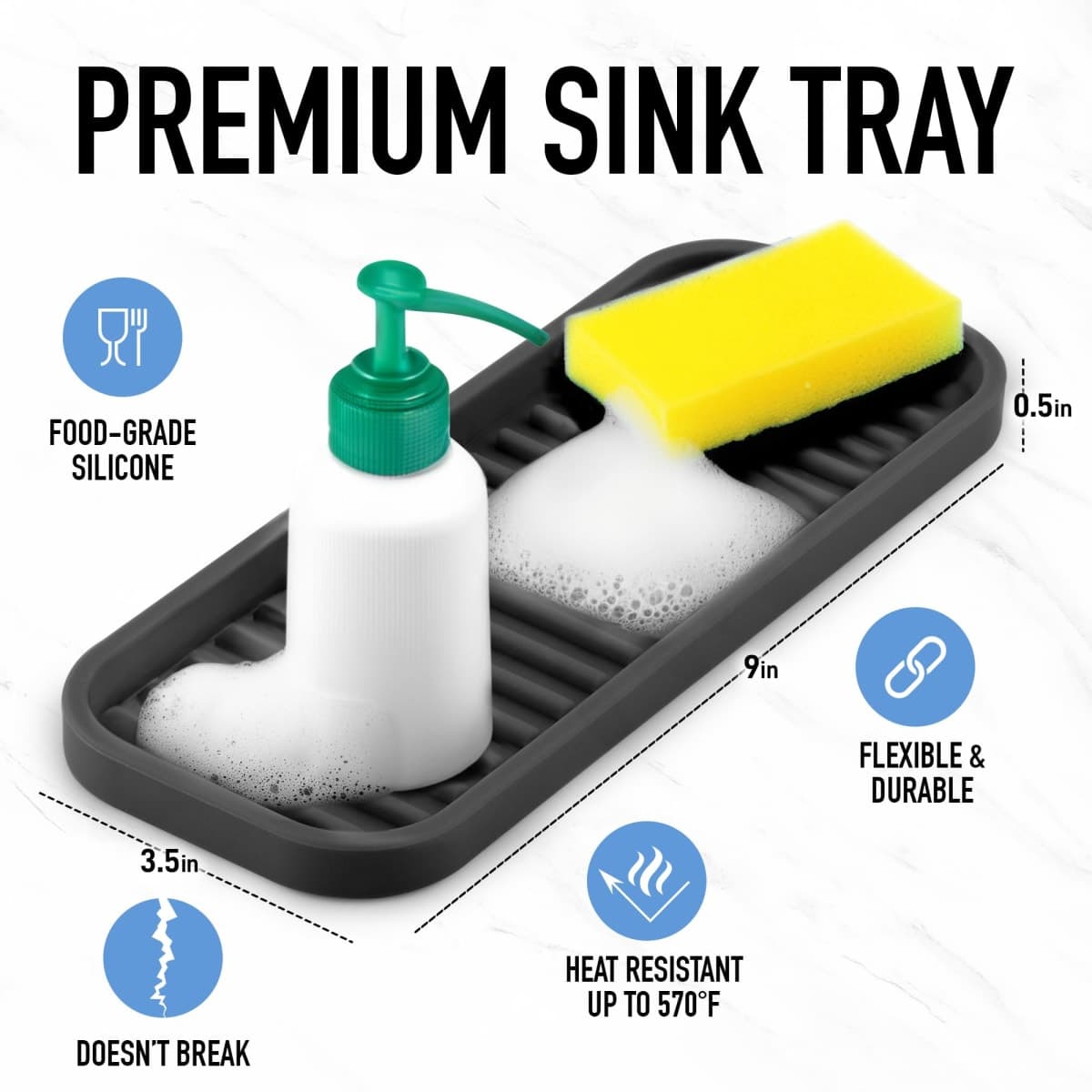 Zulay (9x3.5) Silicone Sponge Holder for Kitchen Sink - Flexible Multipurpose Soap Tray - Sink Organizer for Kitchen, Bathroom, Makeup, Trinkets & More (Black) thumbnail 2