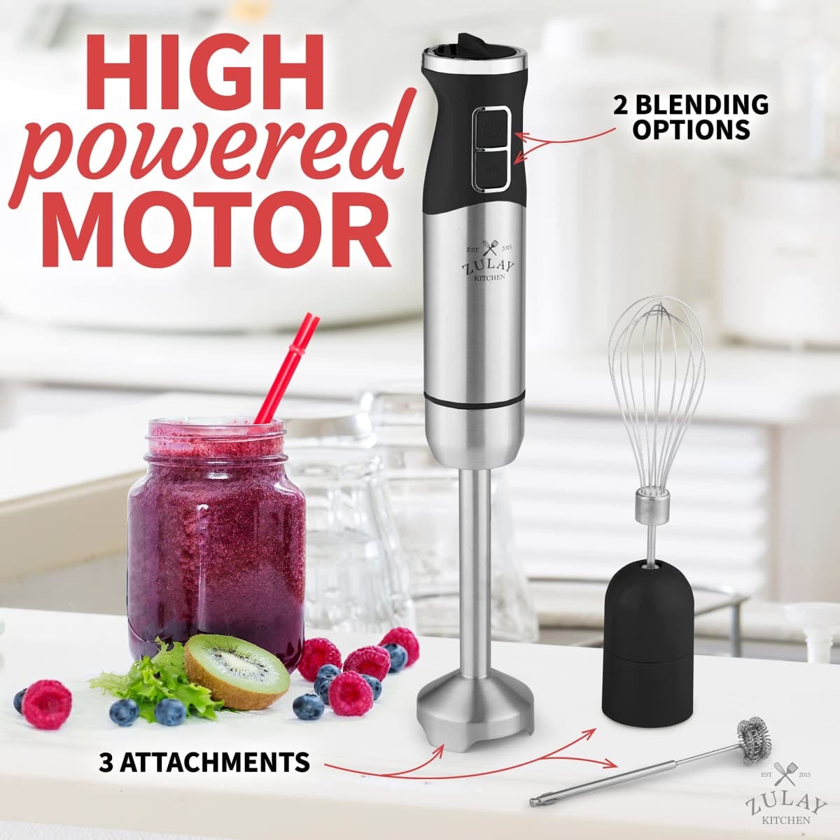 Zulay Kitchen Immersion Blender Handheld 500W - 8 Speed Copper Motor Immersion Hand Blender - Heavy Duty Stick Blender Immersion With Stainless Steel Whisk and Milk Frother Attachments (Black) thumbnail 2