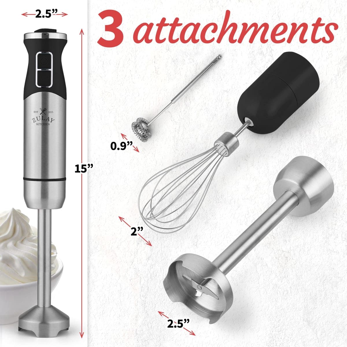 Zulay Kitchen Immersion Blender Handheld 500W - 8 Speed Copper Motor Immersion Hand Blender - Heavy Duty Stick Blender Immersion With Stainless Steel Whisk and Milk Frother Attachments (Black) thumbnail 3