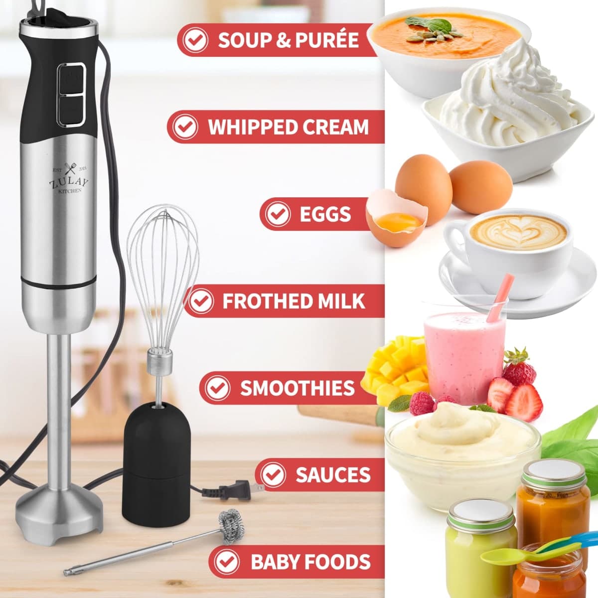 Zulay Kitchen Immersion Blender Handheld 500W - 8 Speed Copper Motor Immersion Hand Blender - Heavy Duty Stick Blender Immersion With Stainless Steel Whisk and Milk Frother Attachments (Black) thumbnail 5