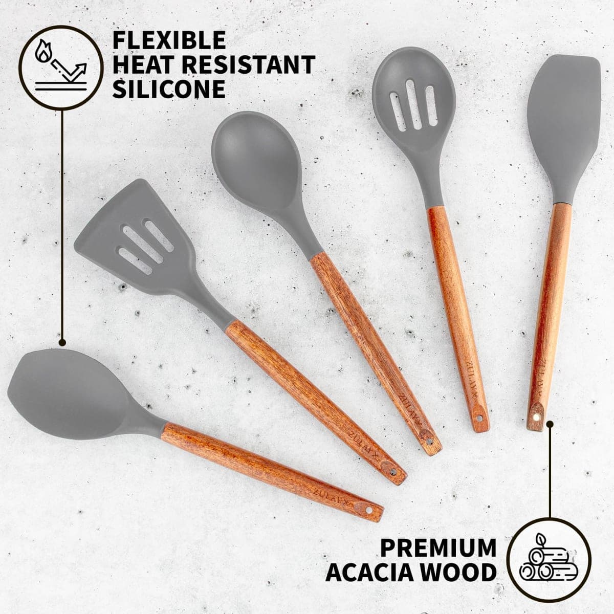 Zulay Kitchen Utensils Set Non-Stick Silicone Cooking Utensils Set with Authentic Acacia Wood Handles - 5 Piece Silicone Utensil Set - Silicone Kitchen Utensils Set with 464°F Heat Resistance - Gray thumbnail 2
