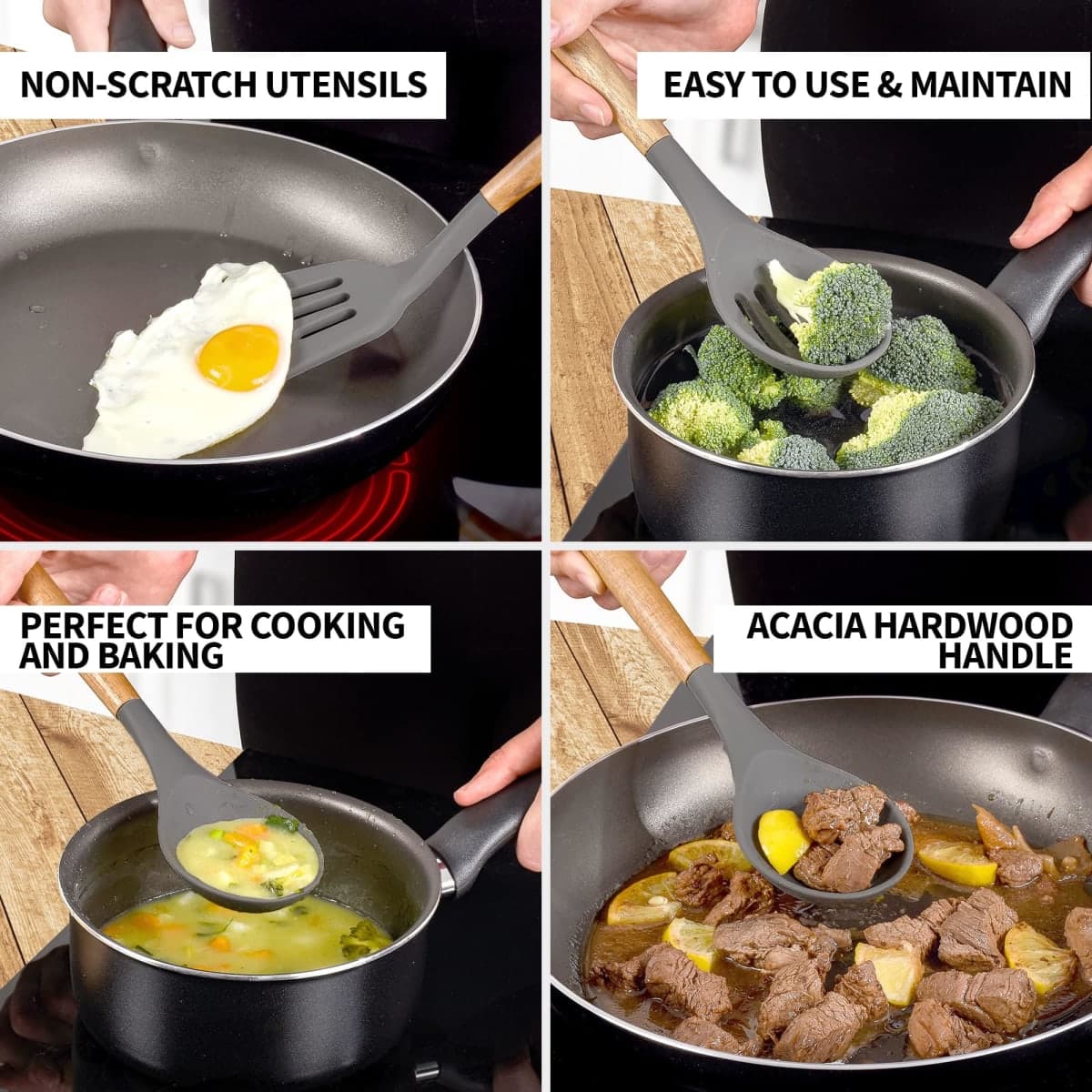 Zulay Kitchen Utensils Set Non-Stick Silicone Cooking Utensils Set with Authentic Acacia Wood Handles - 5 Piece Silicone Utensil Set - Silicone Kitchen Utensils Set with 464°F Heat Resistance - Gray thumbnail 3