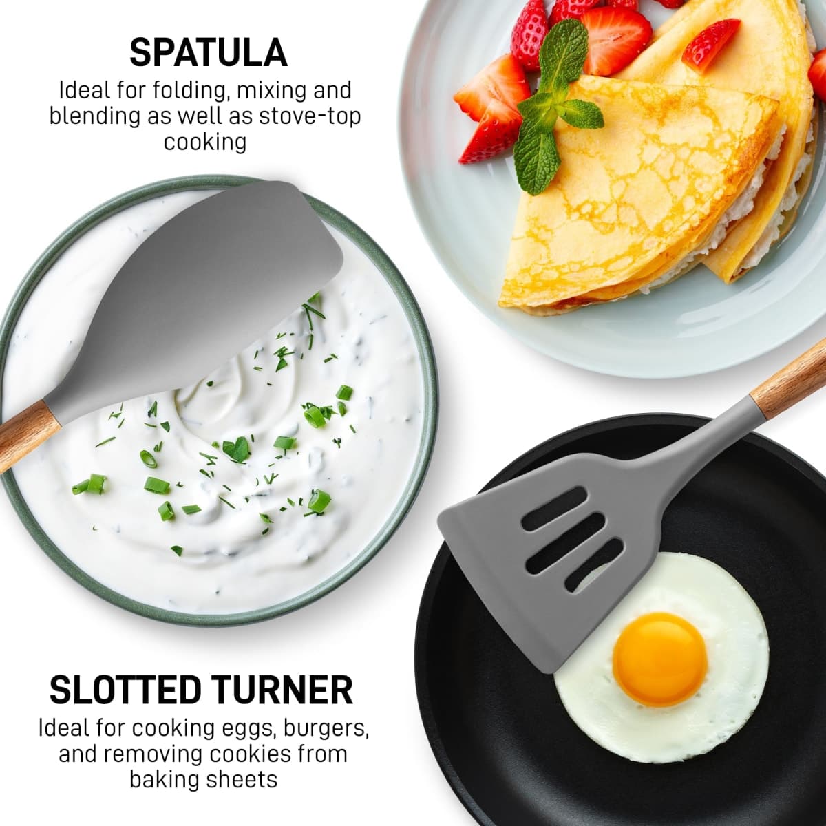 Zulay Kitchen Utensils Set Non-Stick Silicone Cooking Utensils Set with Authentic Acacia Wood Handles - 5 Piece Silicone Utensil Set - Silicone Kitchen Utensils Set with 464°F Heat Resistance - Gray thumbnail 5