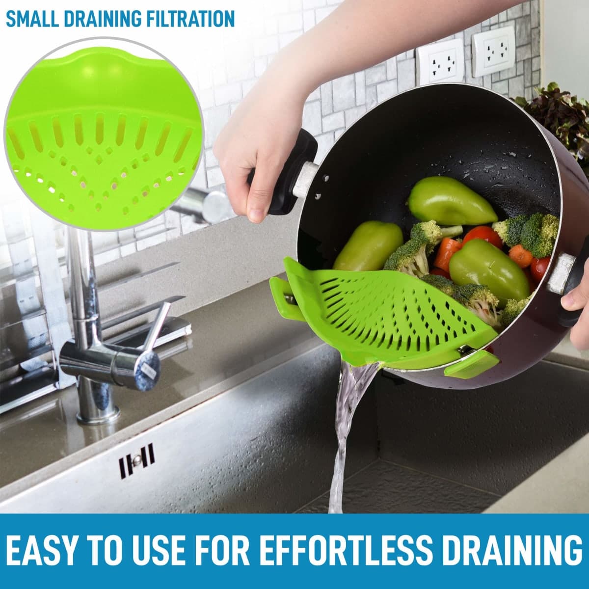 Zulay Silicone Pot Strainer - Adjustable Snap On Strainer For Most Pots & Pans - Food Grade, Heat Resistant Pot Strainer Clip On Silicone Colander For Draining Pasta, Fruits, & Vegetables (Green) thumbnail 2