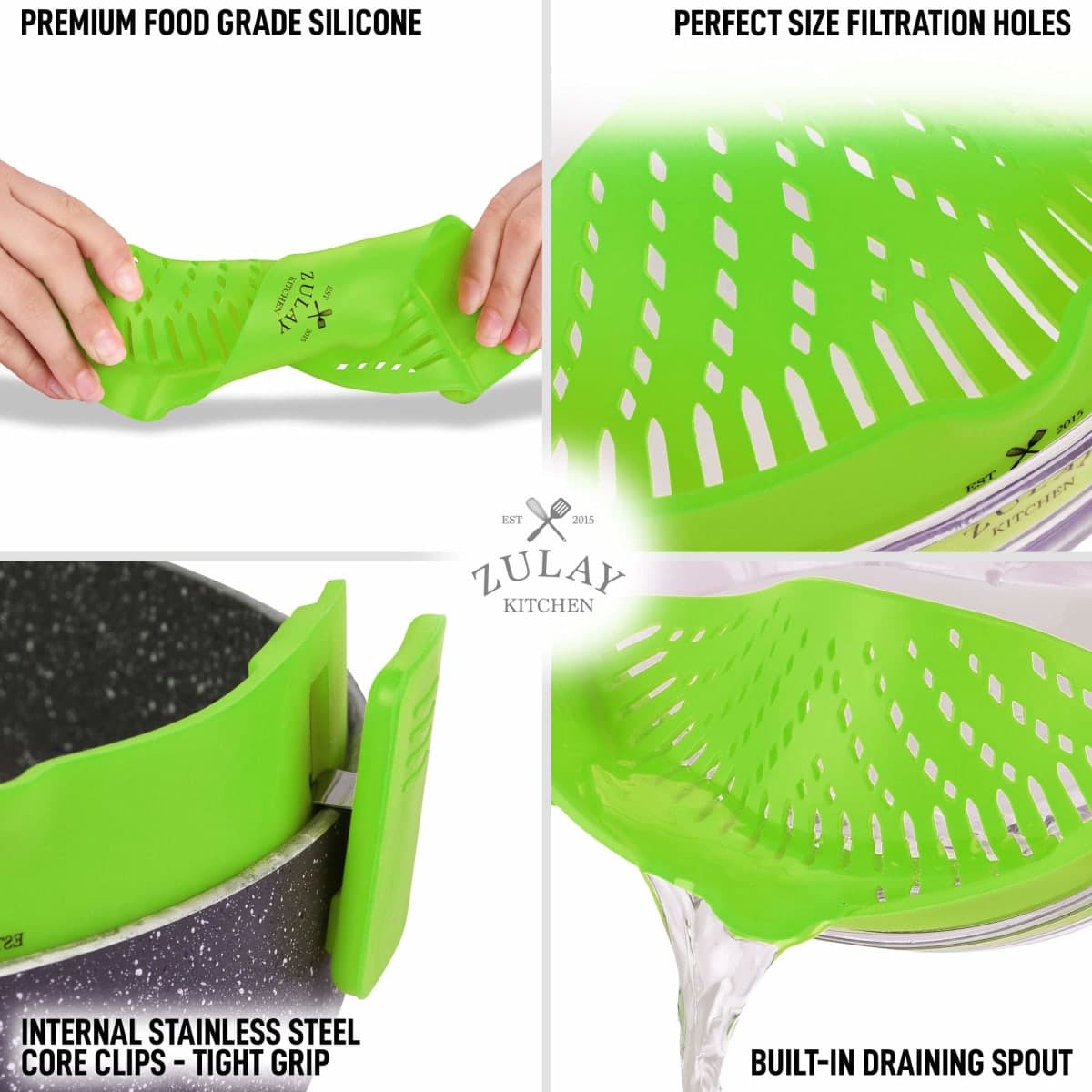 Zulay Silicone Pot Strainer - Adjustable Snap On Strainer For Most Pots & Pans - Food Grade, Heat Resistant Pot Strainer Clip On Silicone Colander For Draining Pasta, Fruits, & Vegetables (Green) thumbnail 3