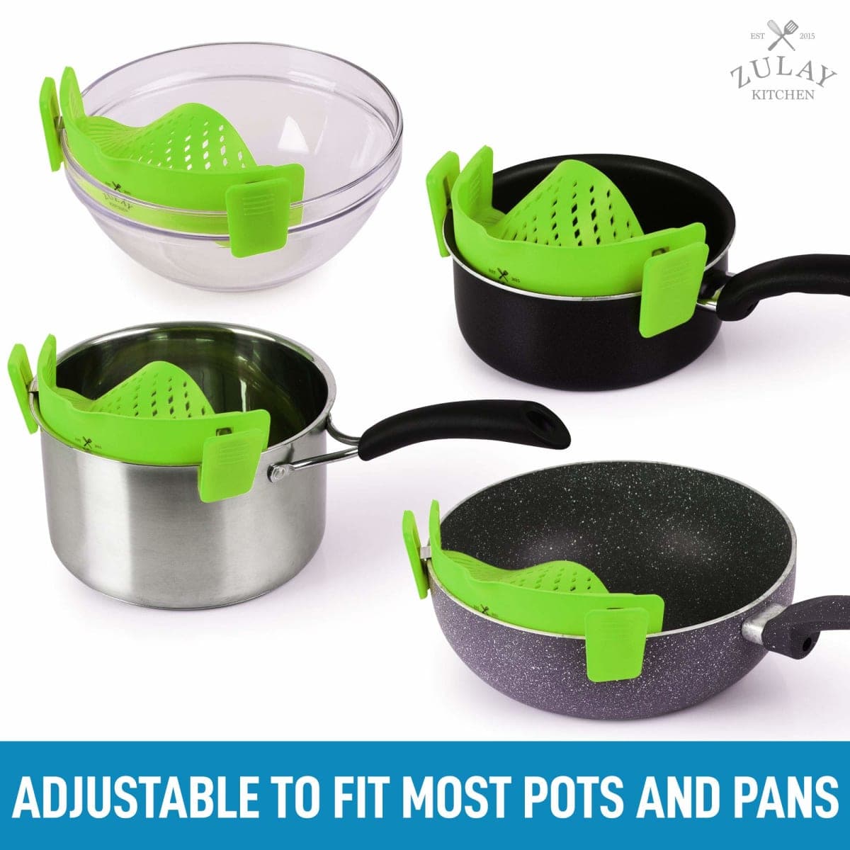 Zulay Silicone Pot Strainer - Adjustable Snap On Strainer For Most Pots & Pans - Food Grade, Heat Resistant Pot Strainer Clip On Silicone Colander For Draining Pasta, Fruits, & Vegetables (Green) thumbnail 4