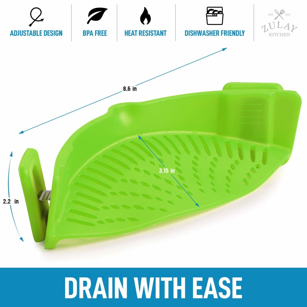 Zulay Silicone Pot Strainer - Adjustable Snap On Strainer For Most Pots & Pans - Food Grade, Heat Resistant Pot Strainer Clip On Silicone Colander For Draining Pasta, Fruits, & Vegetables (Green) thumbnail 5