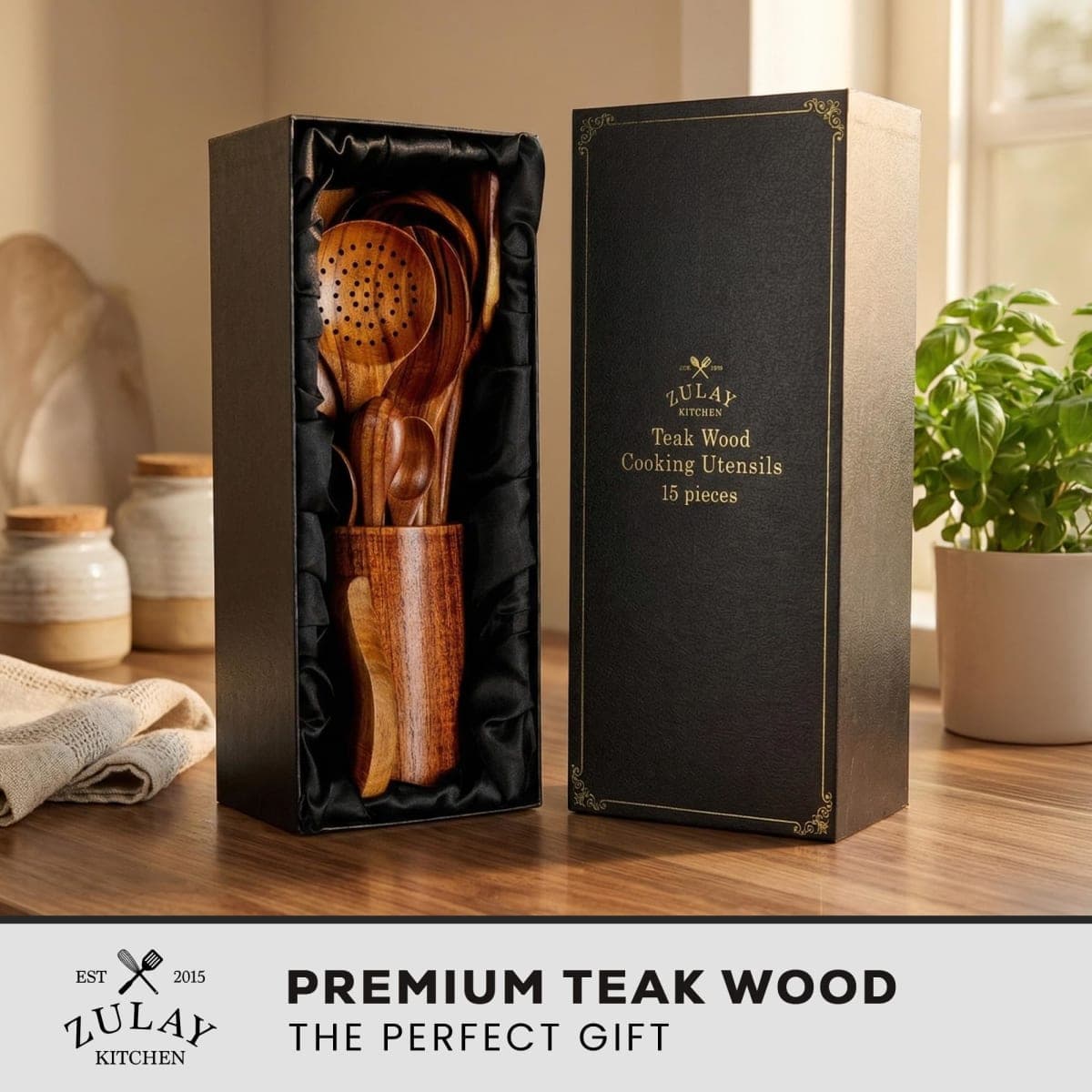 Zulay Kitchen 15-Piece Teak Wooden Utensils for Cooking - Natural Teak Utensil Set with Premium Gift Box - Non-Stick Wooden Spoons for Cooking - Kitchen Gift Set - Comfortable Grip Wooden Utensil Set thumbnail 2