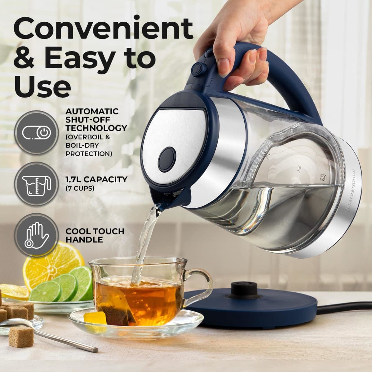 Zulay Kitchen Fast Boiling Electric Water Kettle - 1.7L, 1500W, Auto Shut-Off for Overboil & Boil Dry Protection, Cool-Touch Handle, 360° Base - Rapid Teapot Boiler For Coffee & Tea - Navy thumbnail 3