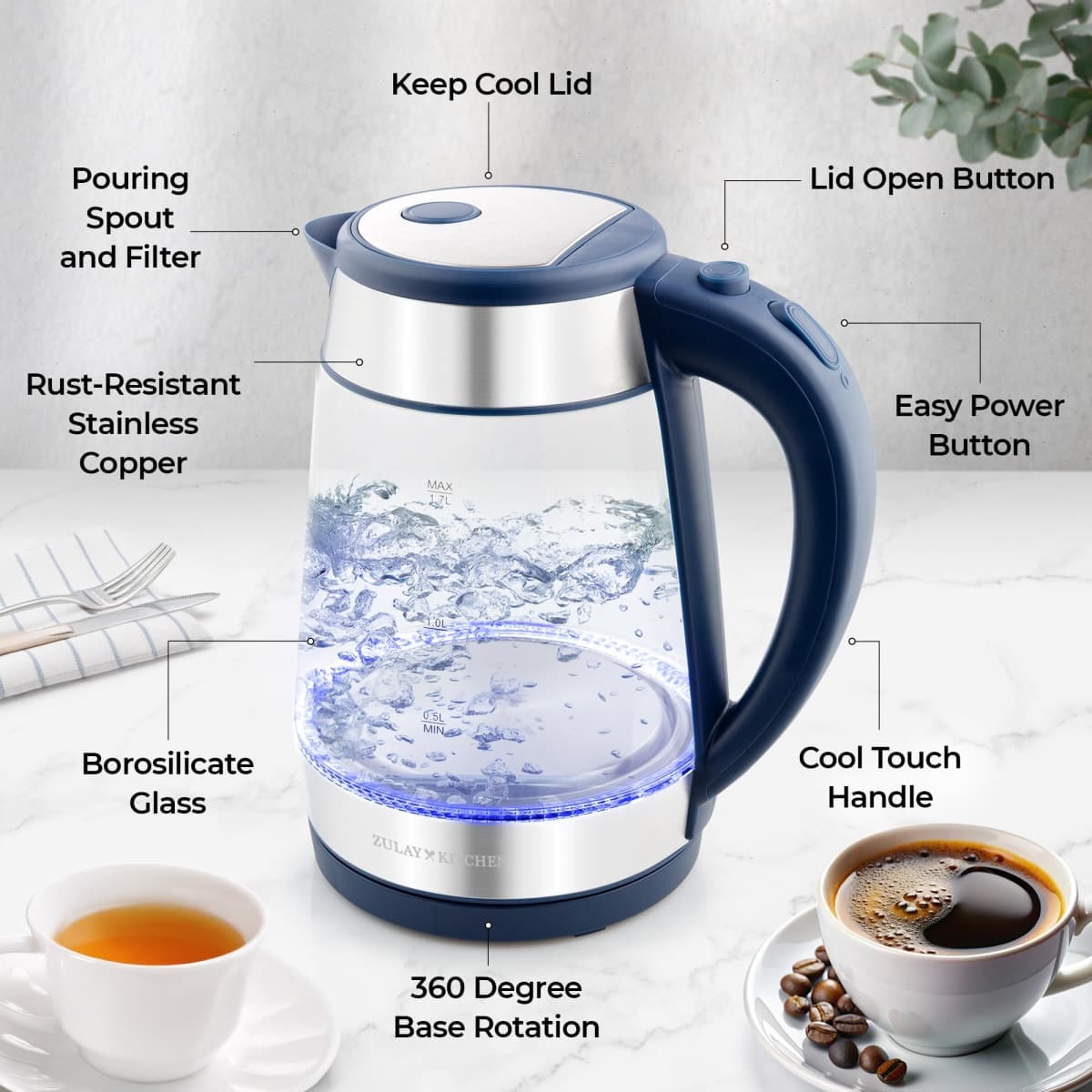 Zulay Kitchen Fast Boiling Electric Water Kettle - 1.7L, 1500W, Auto Shut-Off for Overboil & Boil Dry Protection, Cool-Touch Handle, 360° Base - Rapid Teapot Boiler For Coffee & Tea - Navy thumbnail 5