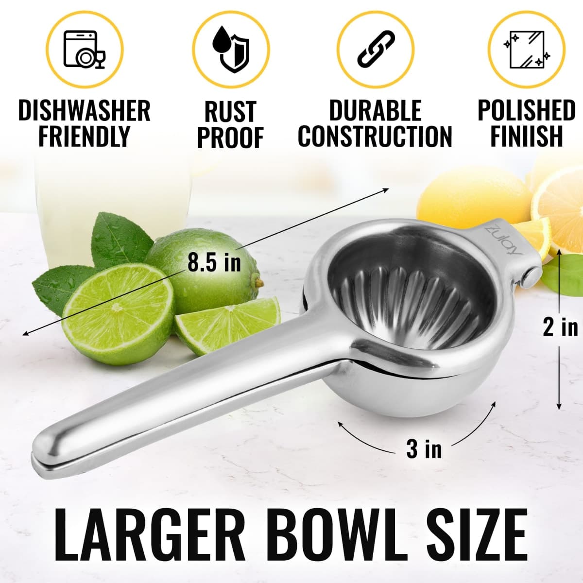 Zulay Large Lemon Squeezer Stainless Steel - Easy Squeeze Manual Heavy Duty Lemon Juicer Hand Press - Ergonomic Citrus Squeezer & Fruit Juicer for Small Oranges, Lemons, & Limes - Stainless Steel thumbnail 3