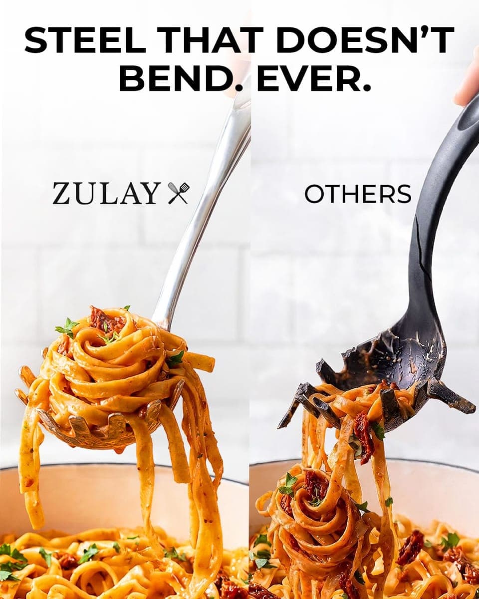 Zulay Kitchen Pasta Server - Durable Food Grade Stainless Steel Pasta Spoon Server with Ergonomic Handle & Heat Resistant Design - Kitchen Spaghetti Server Fork for Noodles, Pasta, & More (12 inch) thumbnail 3