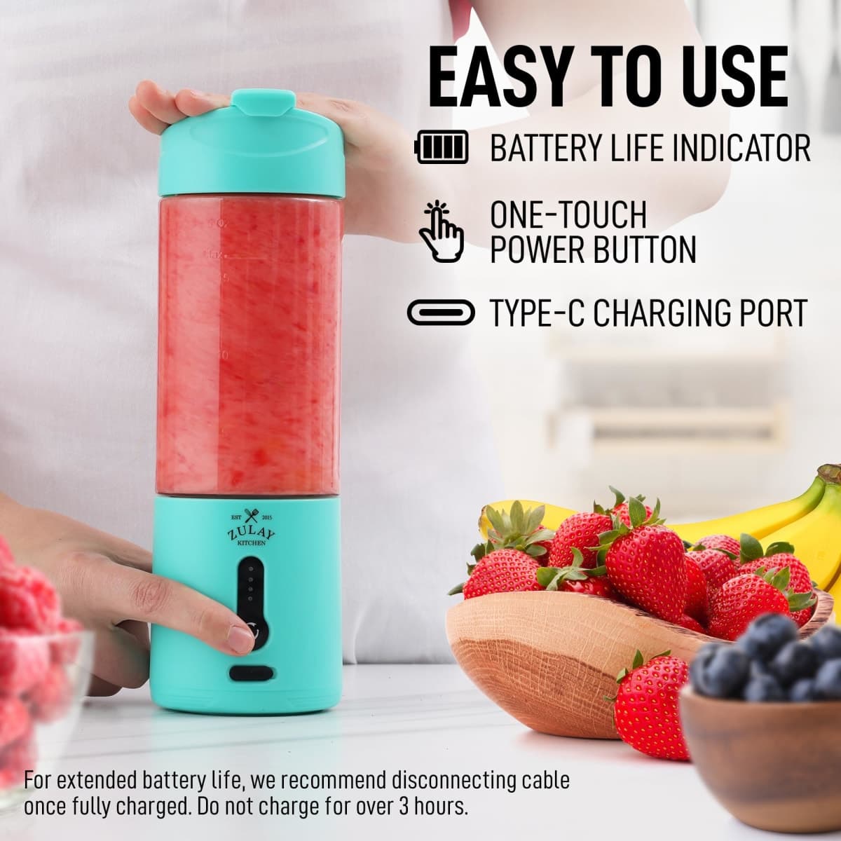 Zulay Kitchen 18 oz Personal Blenders that Crush Ice - USB-C Rechargeable, Cordless Travel Blender - Portable Smoothie Blender On the Go, Frozen Fruits, & Veggies with 6 Sharp Blades (Aqua) thumbnail 3