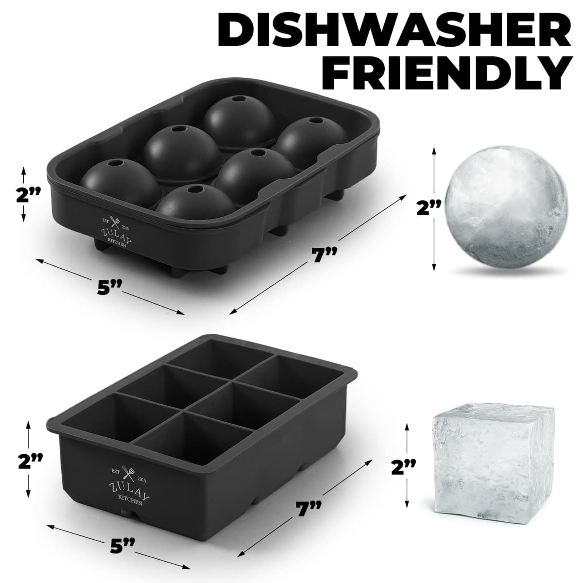 Zulay Set of 2 Silicone Large Ice Cube Trays For Cocktails - Large Ice Cube Tray & Whiskey Ice Mold For Sphere & Square Shaped Ice - BPA Free Whisky Ice Ball Mold For Bourbon, Scotch & More (Black) thumbnail 3