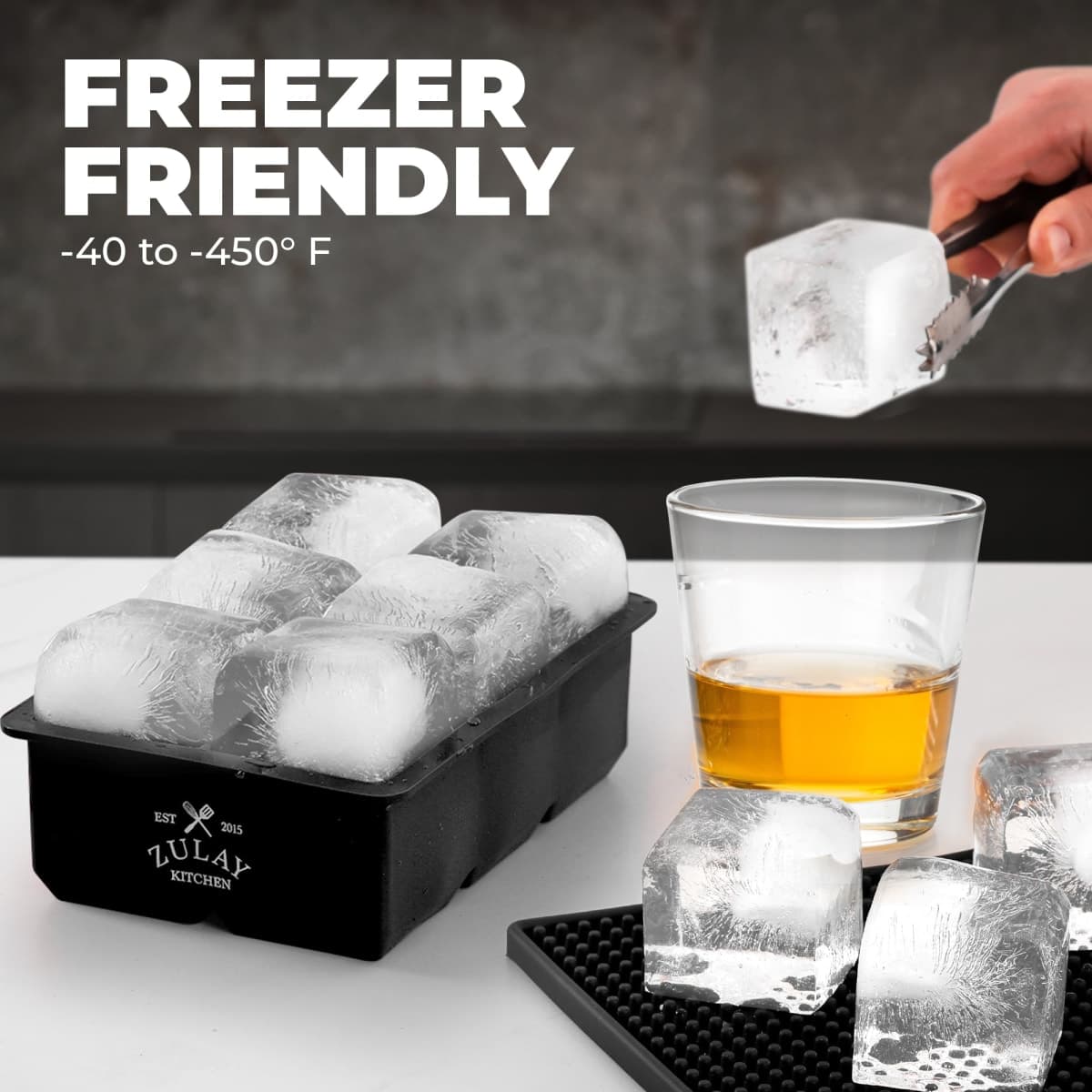 Zulay Set of 2 Silicone Large Ice Cube Trays For Cocktails - Large Ice Cube Tray & Whiskey Ice Mold For Sphere & Square Shaped Ice - BPA Free Whisky Ice Ball Mold For Bourbon, Scotch & More (Black) thumbnail 4