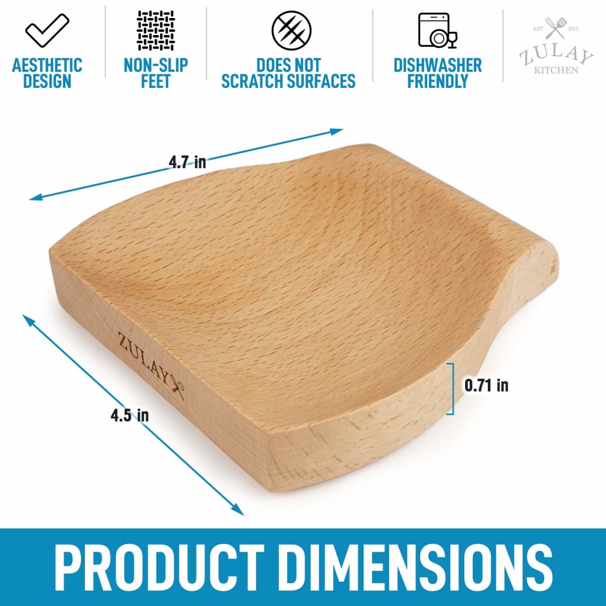 Zulay Beechwood Spoon Rest For Kitchen - Smooth Wooden Spoon Holder For Stovetop With Non Slip Silicone Feet - Perfect Holder For Spatulas, Spoons, Tongs & More thumbnail 3