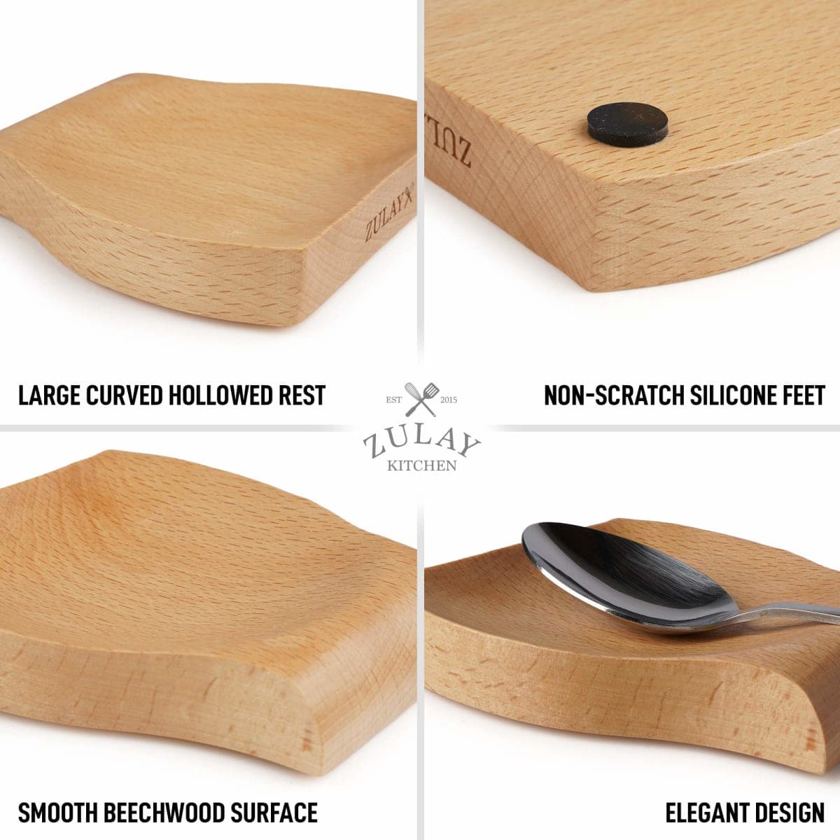 Zulay Beechwood Spoon Rest For Kitchen - Smooth Wooden Spoon Holder For Stovetop With Non Slip Silicone Feet - Perfect Holder For Spatulas, Spoons, Tongs & More thumbnail 4