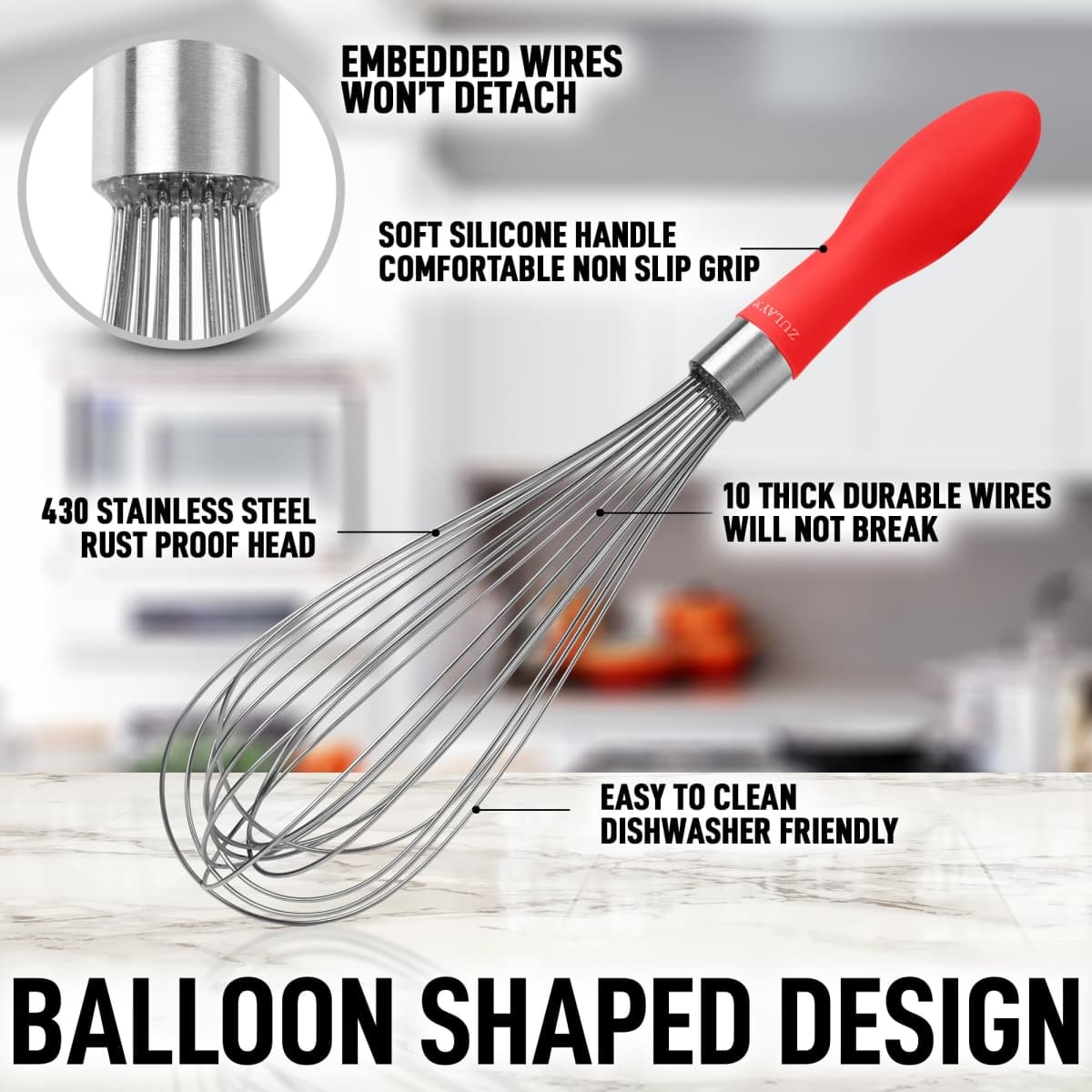 Zulay 12-Inch Stainless Steel Whisk - Balloon Wisk Kitchen Tool with Soft Silicone Handle - Thick Durable Wired Wisk Utensil for Blending, Beating, Whisking, Frothing, Stirring & More (Red) thumbnail 2