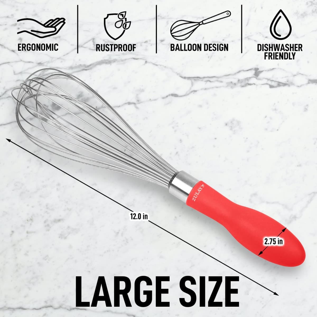 Zulay 12-Inch Stainless Steel Whisk - Balloon Wisk Kitchen Tool with Soft Silicone Handle - Thick Durable Wired Wisk Utensil for Blending, Beating, Whisking, Frothing, Stirring & More (Red) thumbnail 3