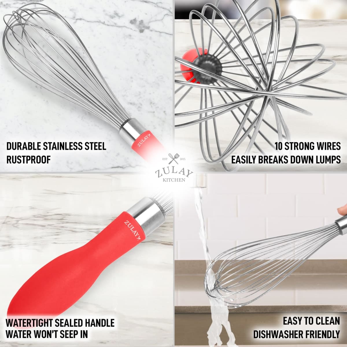 Zulay 12-Inch Stainless Steel Whisk - Balloon Wisk Kitchen Tool with Soft Silicone Handle - Thick Durable Wired Wisk Utensil for Blending, Beating, Whisking, Frothing, Stirring & More (Red) thumbnail 4