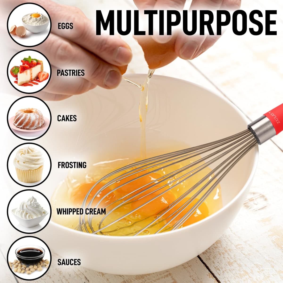 Zulay 12-Inch Stainless Steel Whisk - Balloon Wisk Kitchen Tool with Soft Silicone Handle - Thick Durable Wired Wisk Utensil for Blending, Beating, Whisking, Frothing, Stirring & More (Red) thumbnail 5
