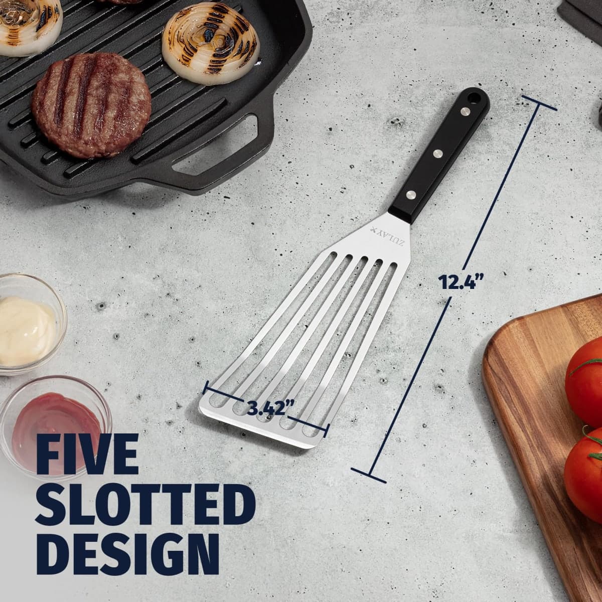 Zulay 12.4” Fish Spatula Stainless Steel - Slotted Fish Turner Spatula with Sloped Head Design - Durable and Lightweight Thin Spatula Metal for Flipping Delicate Food, Fish, Egg, Patties, Fries thumbnail 3
