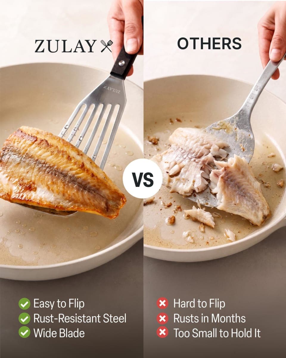 Zulay 12.4” Fish Spatula Stainless Steel - Slotted Fish Turner Spatula with Sloped Head Design - Durable and Lightweight Thin Spatula Metal for Flipping Delicate Food, Fish, Egg, Patties, Fries thumbnail 4