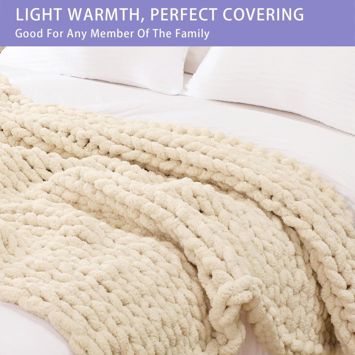 Chunky Knit Blanket Throw 40x60, Soft Chenille Yarn Knitted Throw Blanket, Chunky Chenille Blanket, Handmade Thick Cable Knit Throw, Plush Throw Blanket for Couch Bed Sofa (Beige) thumbnail 3