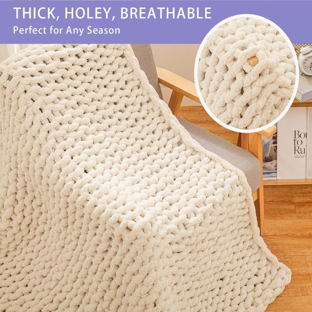 Chunky Knit Blanket Throw 40x60, Soft Chenille Yarn Knitted Throw Blanket, Chunky Chenille Blanket, Handmade Thick Cable Knit Throw, Plush Throw Blanket for Couch Bed Sofa (Beige) thumbnail 4