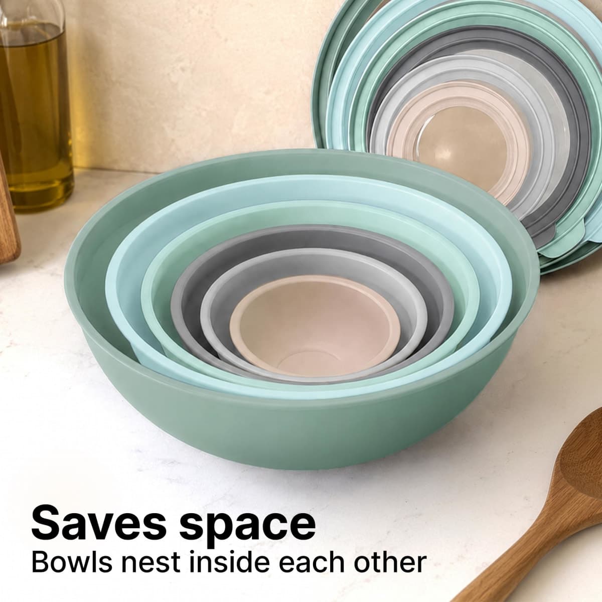 Zulay Kitchen 12 Piece Plastic Nesting Mixing Bowl Set - Colorful Bowls with Lids - Microwave and Freezer Safe (Mint Ombre) thumbnail 3