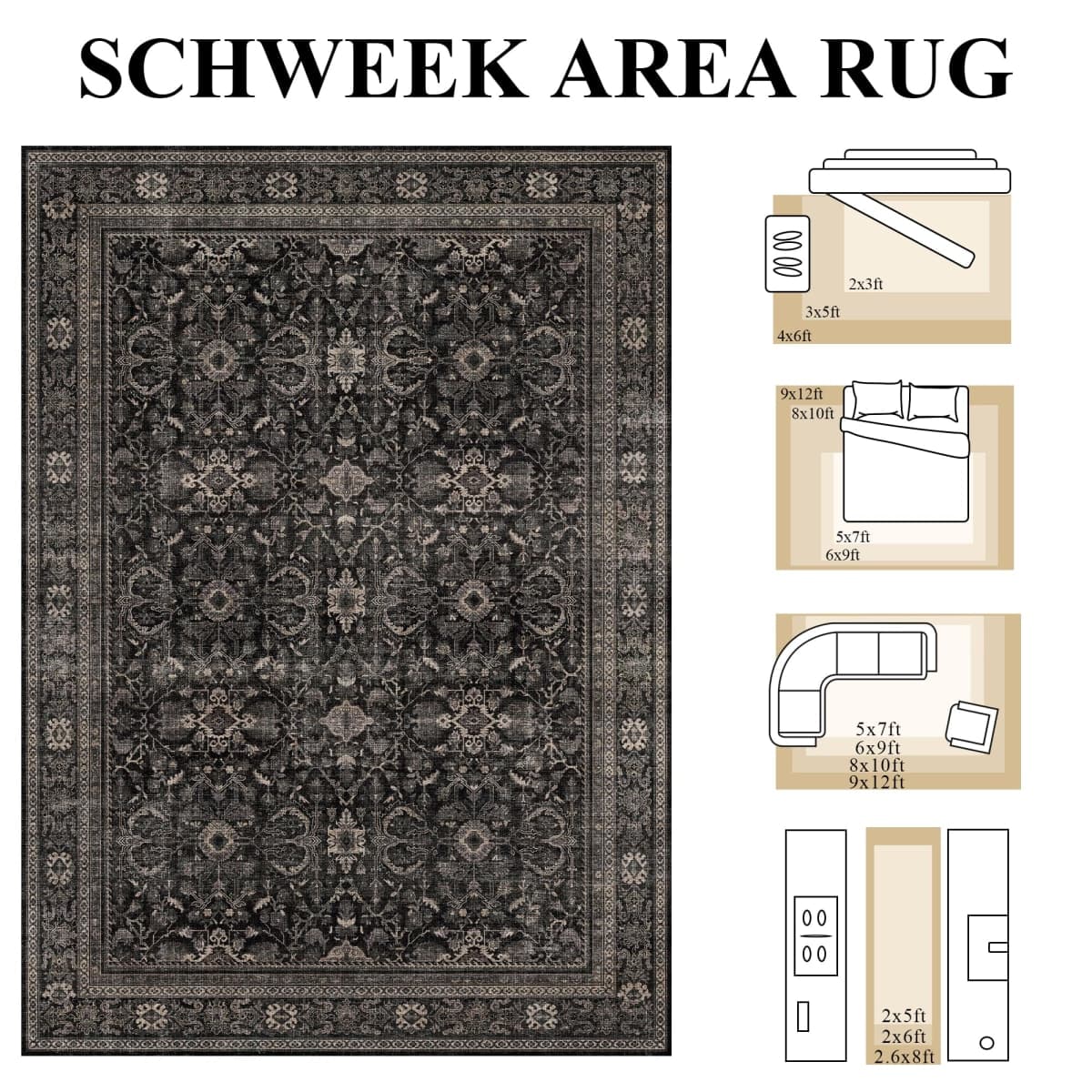 Schweek 8x10 Washable Area Rug Non-Slip Vintage Dark Rugs for Living Room thumbnail 2