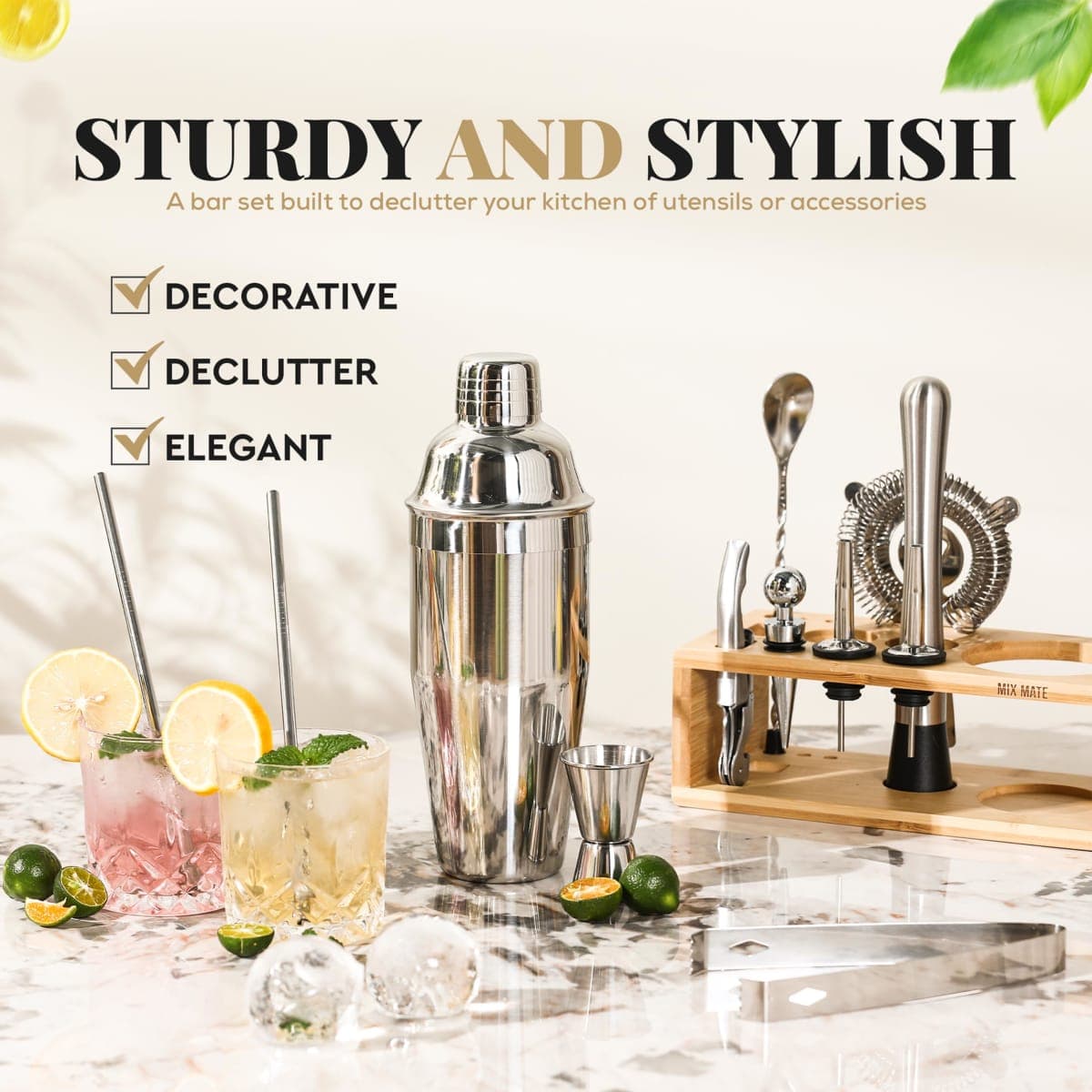 Mixology Bartender Kit with Stand - 15 Piece Bar Tool Set, Silver Bar Set Cocktail Shaker Set for Drink Mixing - Includes Martini Shaker, Jigger, Strainer, Bar Mixer Spoon, Tongs | Gift Idea (Natural) thumbnail 2