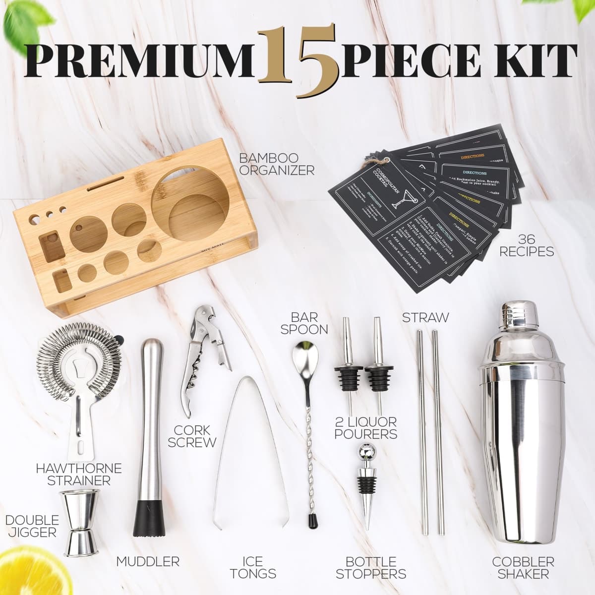 Mixology Bartender Kit with Stand - 15 Piece Bar Tool Set, Silver Bar Set Cocktail Shaker Set for Drink Mixing - Includes Martini Shaker, Jigger, Strainer, Bar Mixer Spoon, Tongs | Gift Idea (Natural) thumbnail 3