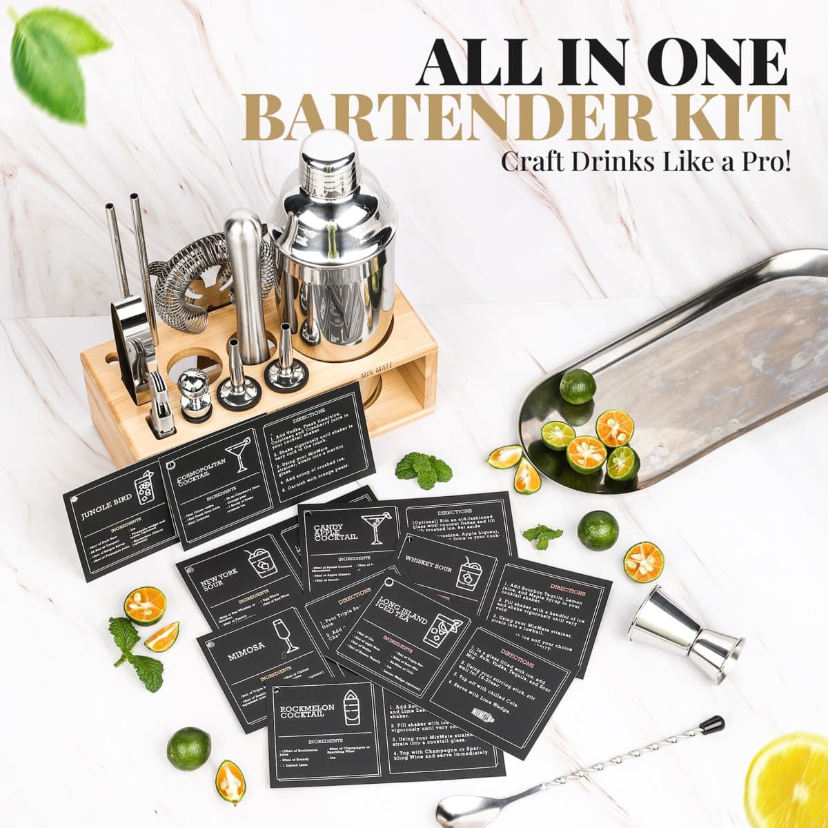 Mixology Bartender Kit with Stand - 15 Piece Bar Tool Set, Silver Bar Set Cocktail Shaker Set for Drink Mixing - Includes Martini Shaker, Jigger, Strainer, Bar Mixer Spoon, Tongs | Gift Idea (Natural) thumbnail 4