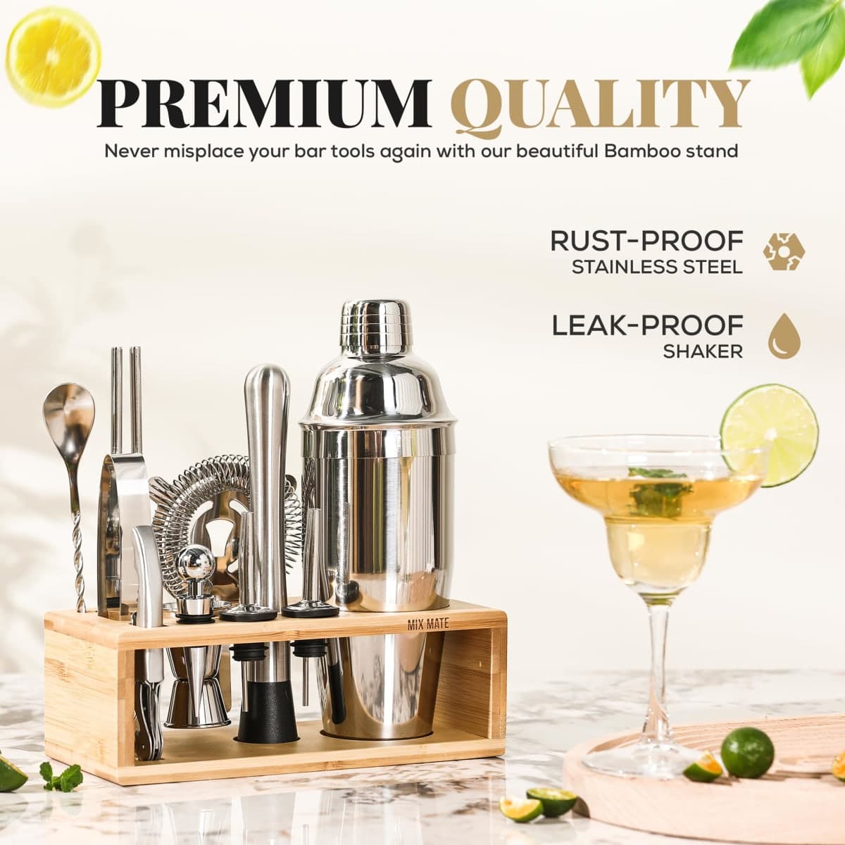 Mixology Bartender Kit with Stand - 15 Piece Bar Tool Set, Silver Bar Set Cocktail Shaker Set for Drink Mixing - Includes Martini Shaker, Jigger, Strainer, Bar Mixer Spoon, Tongs | Gift Idea (Natural) thumbnail 5