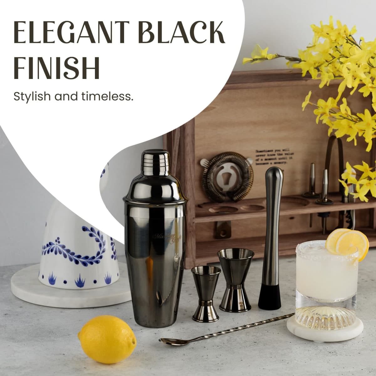 Mixology Bartender Kit: 11-Piece Bar Tool Set with Rustic Wood Stand | Perfect Home Bartending Kit and Cocktail Shaker Set for an Awesome Drink Mixing Experience (Gun-Metal Black) thumbnail 5