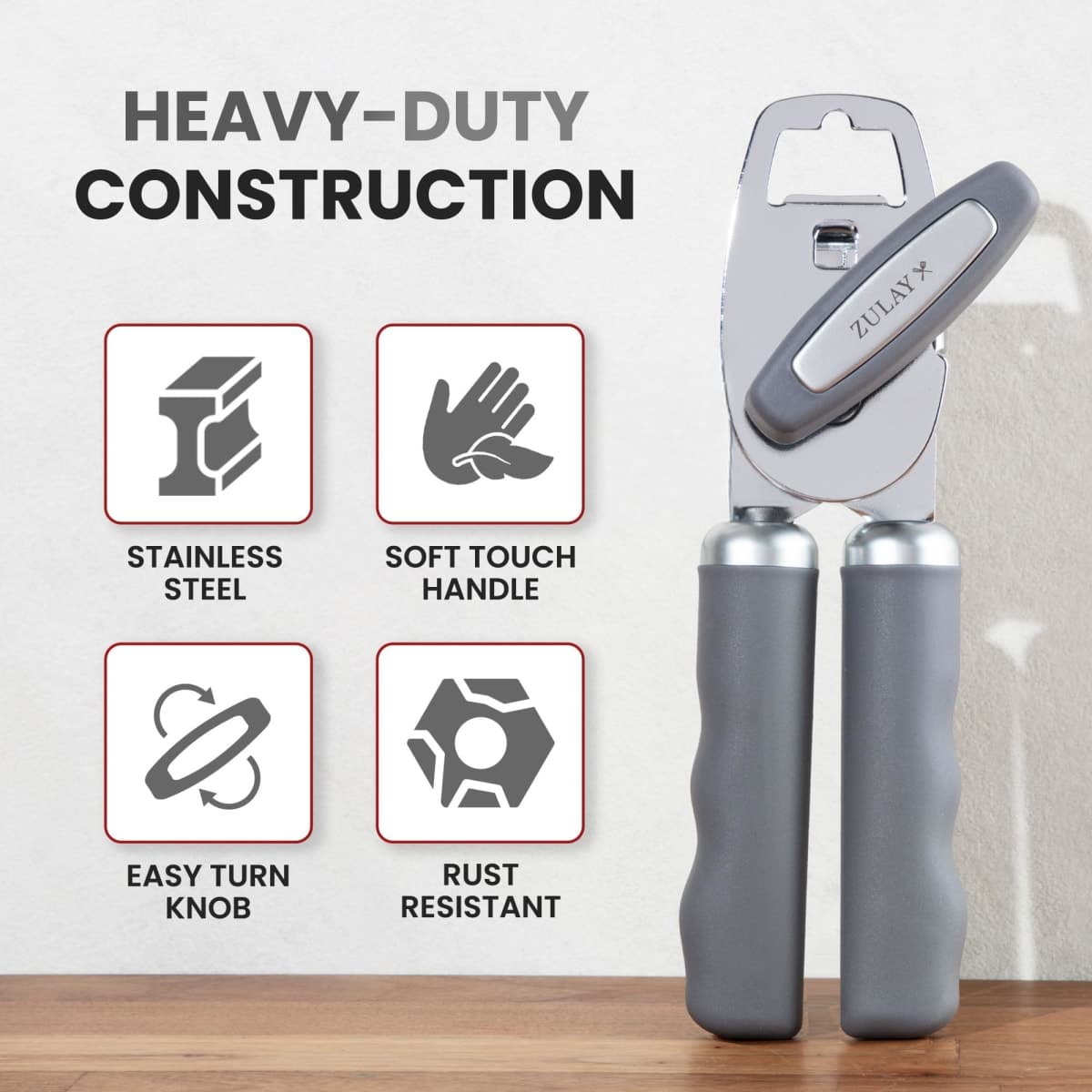 Zulay Kitchen Heavy Duty Stainless Steel Can Opener Manual with Bottle Opener - Rust Proof Manual Can Opener with Turn Knob & Soft Grip Handles - Gray thumbnail 3
