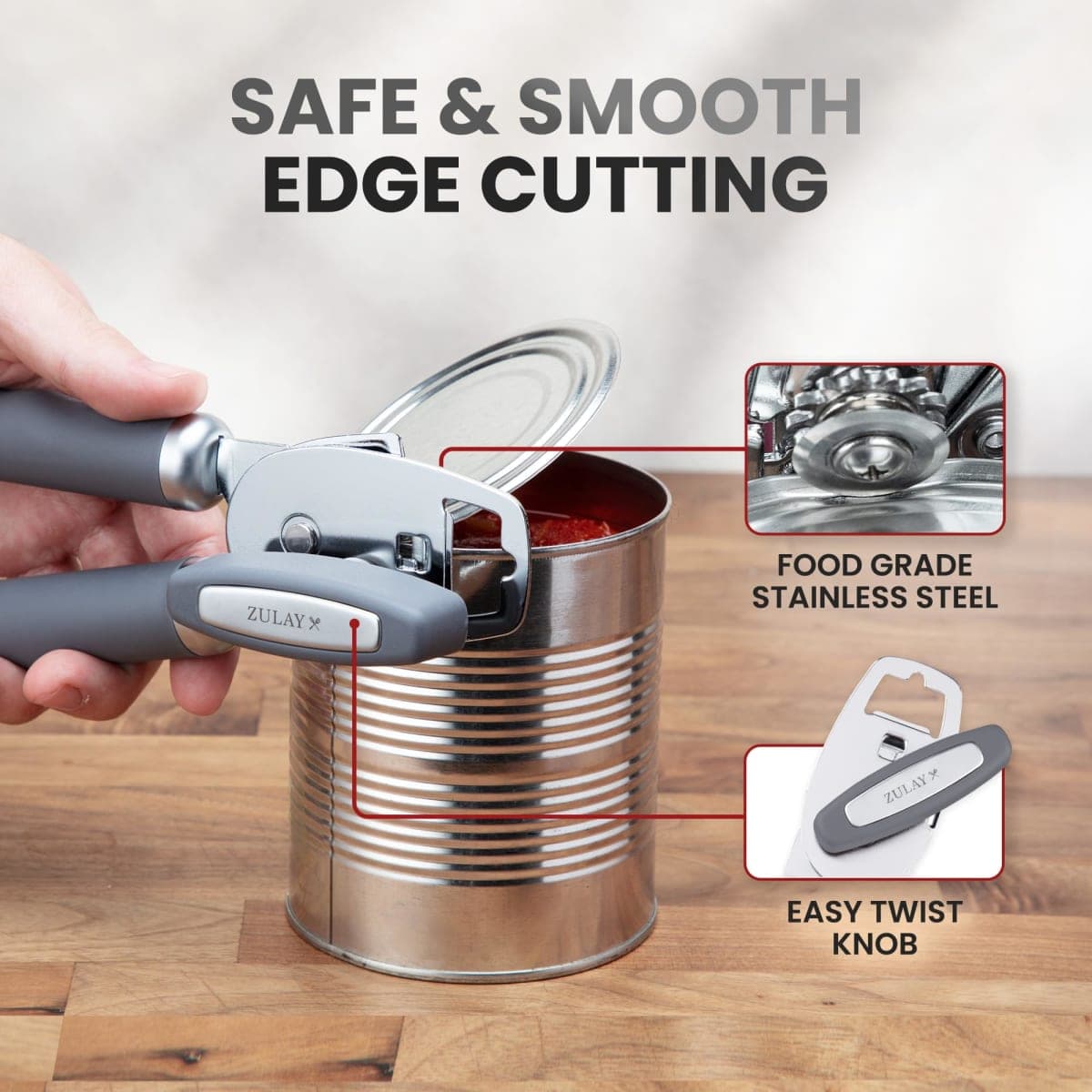 Zulay Kitchen Heavy Duty Stainless Steel Can Opener Manual with Bottle Opener - Rust Proof Manual Can Opener with Turn Knob & Soft Grip Handles - Gray thumbnail 4