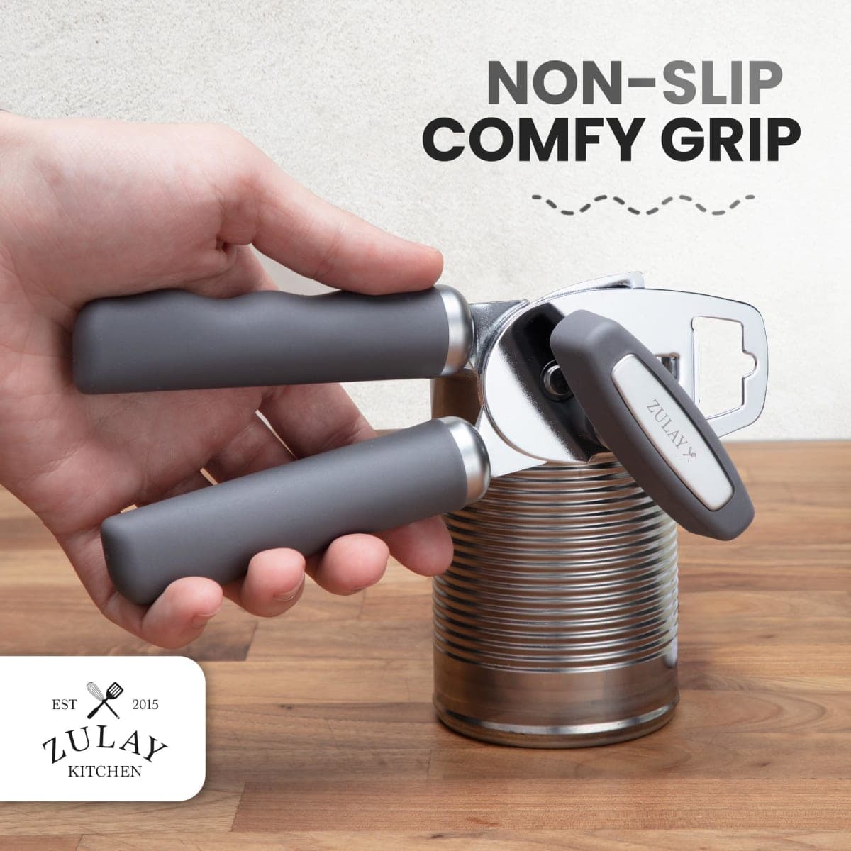 Zulay Kitchen Heavy Duty Stainless Steel Can Opener Manual with Bottle Opener - Rust Proof Manual Can Opener with Turn Knob & Soft Grip Handles - Gray thumbnail 5