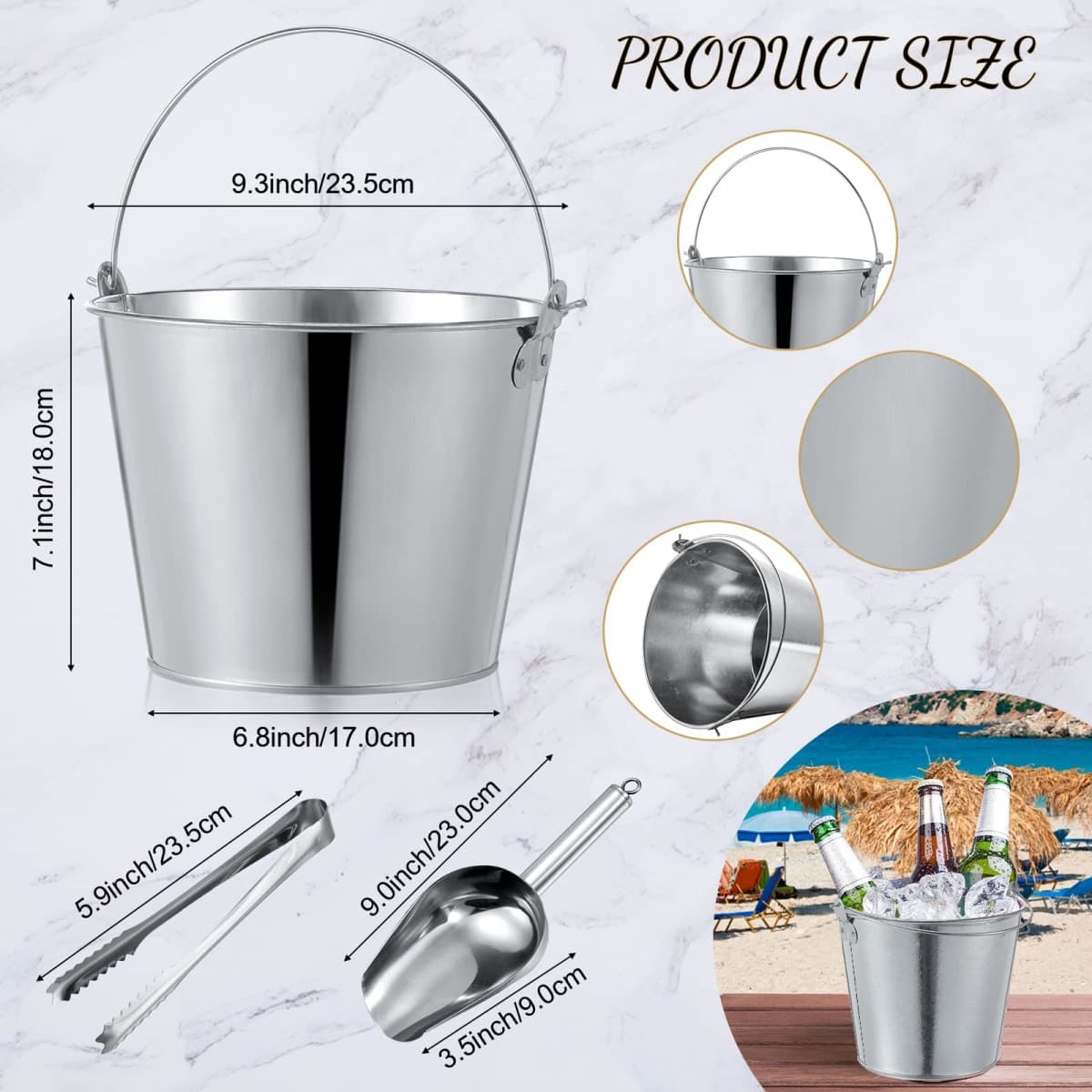 Zopeal 24 Pcs Galvanized Beer Buckets with Scoops Tongs, Silver thumbnail 2