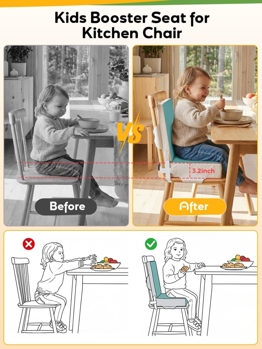 Kalawen Booster Seat for Eating, Upgraded 2Pcs PU Washable Straps Safety Buckle Toddler Booster Seat for Dining Table Portable (Green) thumbnail 4