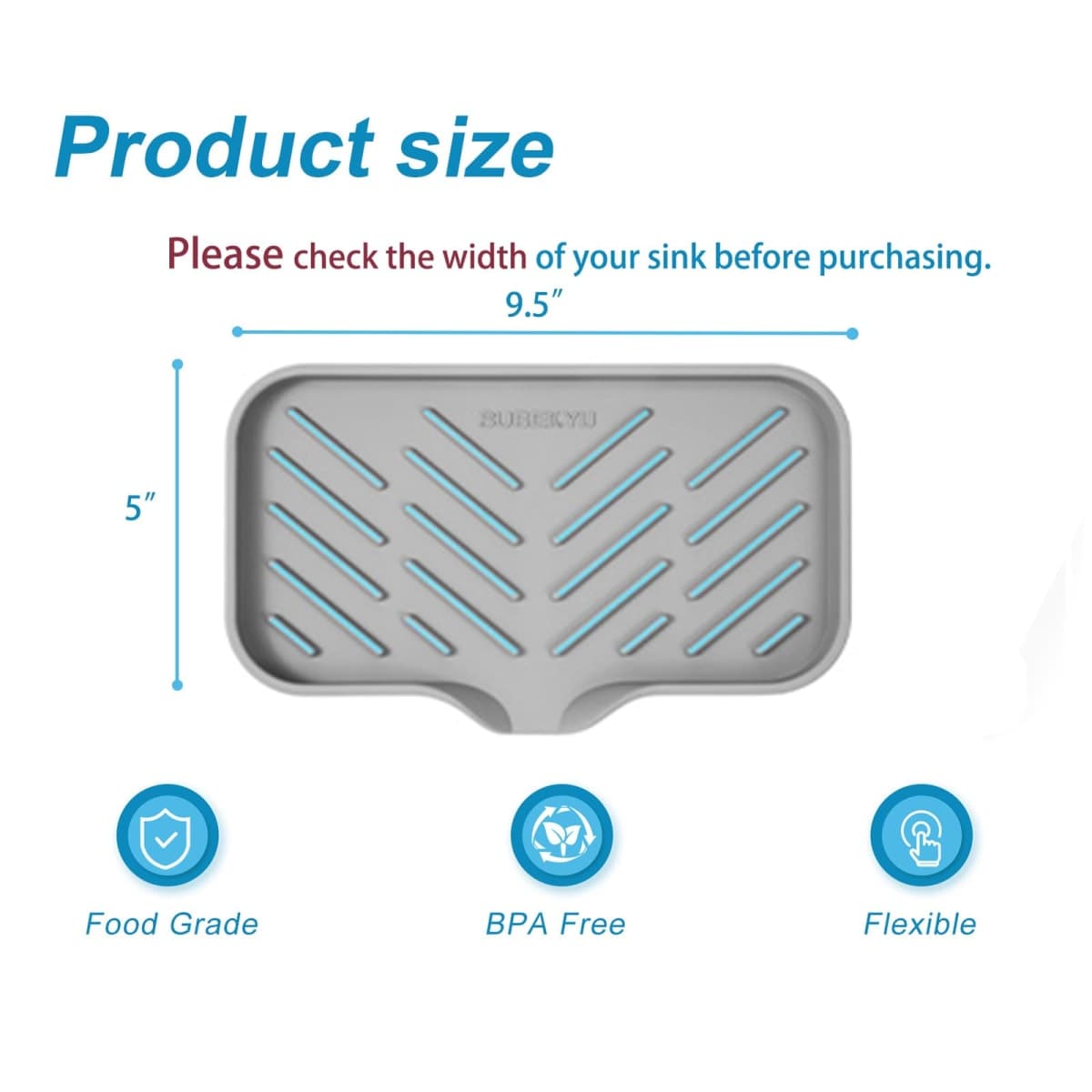 SUBEKYU Silicone Kitchen Soap Tray, Sink Tray for Kitchen Counter/Soap Bottles, Sponge Holder and Organizer with Drain Spout, Grey[Size: 9.5 x 5 inch] thumbnail 2