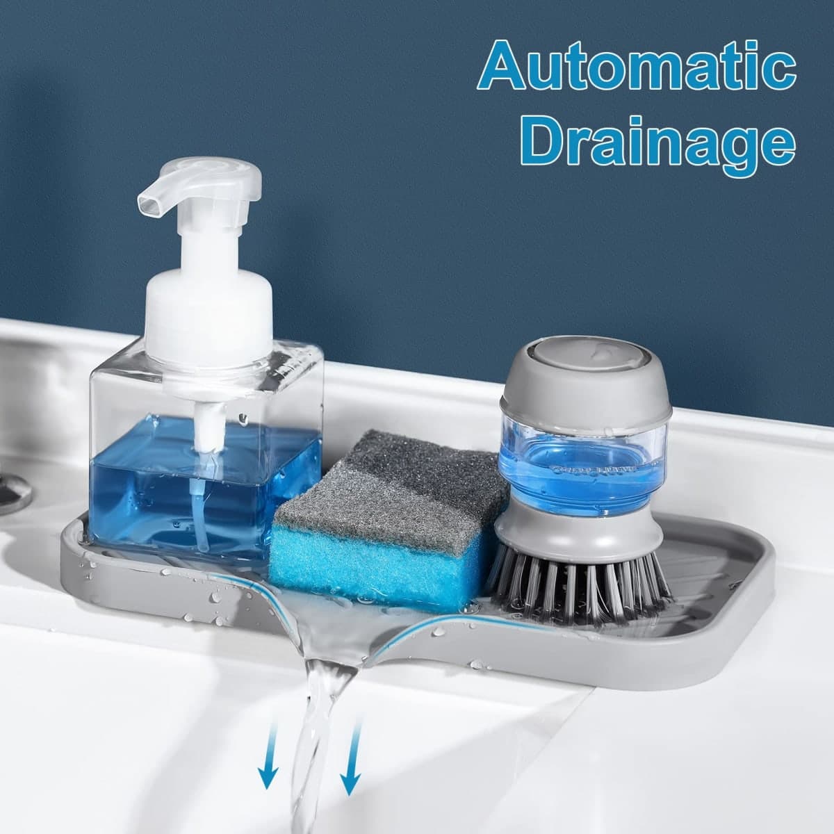 SUBEKYU Silicone Kitchen Soap Tray, Sink Tray for Kitchen Counter/Soap Bottles, Sponge Holder and Organizer with Drain Spout, Grey[Size: 9.5 x 5 inch] thumbnail 4