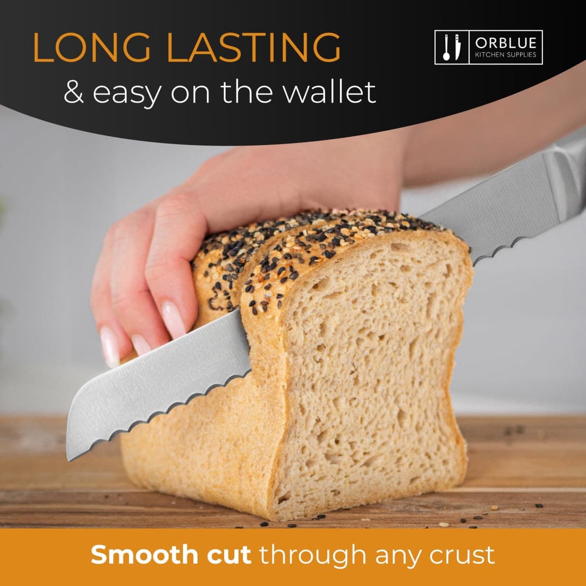 Orblue Serrated Bread Knife with Upgraded Stainless Steel Razor Sharp Wavy Edge Width - Bread Cutter Ideal for Slicing Homemade Bread, Bagels, Cake (8-Inch Blade with 5-Inch Handle) thumbnail 2