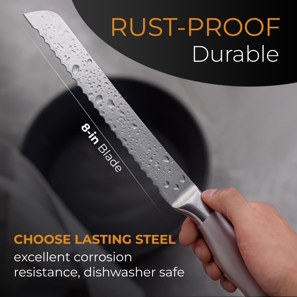Orblue Serrated Bread Knife with Upgraded Stainless Steel Razor Sharp Wavy Edge Width - Bread Cutter Ideal for Slicing Homemade Bread, Bagels, Cake (8-Inch Blade with 5-Inch Handle) thumbnail 5