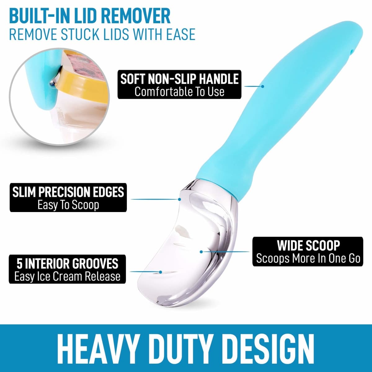 Zulay Ice Cream Scoop With Soft Easy Grip Handle - Ice Cream Scooper With Built-in Lid Opener - Heavy Duty Icecream Scoop With Non-Slip Handle For Soft & Hard Ice Cream (Blue) thumbnail 2
