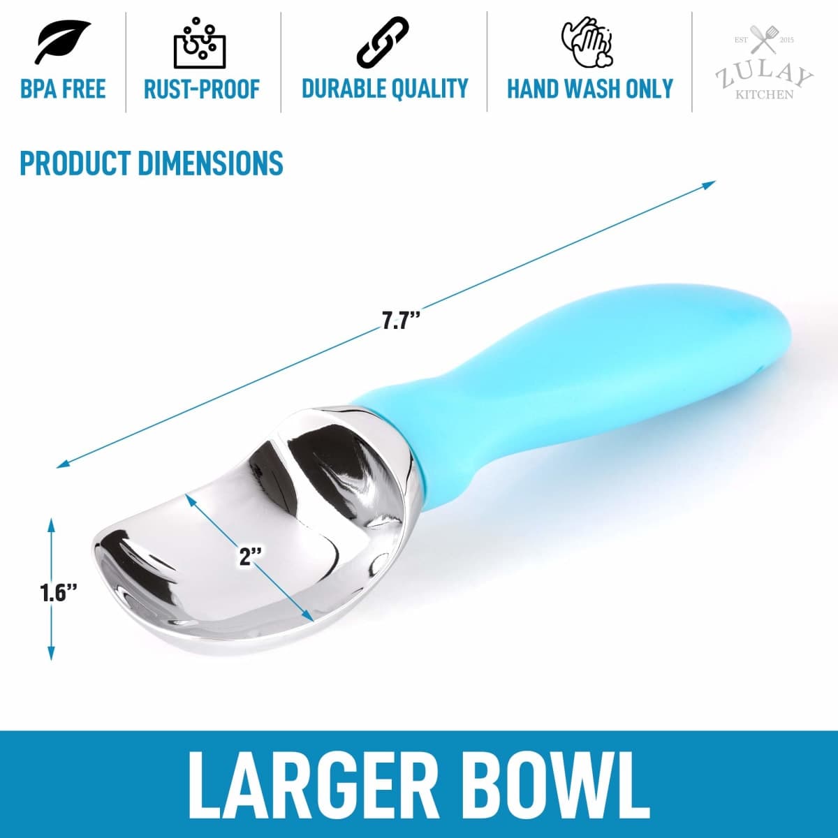 Zulay Ice Cream Scoop With Soft Easy Grip Handle - Ice Cream Scooper With Built-in Lid Opener - Heavy Duty Icecream Scoop With Non-Slip Handle For Soft & Hard Ice Cream (Blue) thumbnail 3