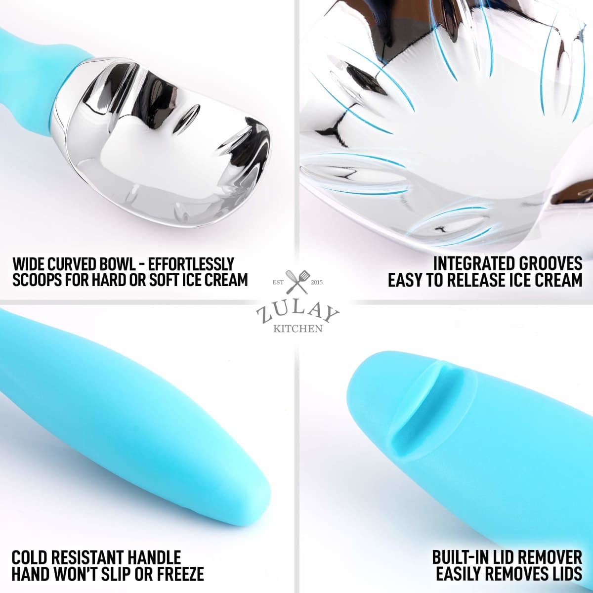 Zulay Ice Cream Scoop With Soft Easy Grip Handle - Ice Cream Scooper With Built-in Lid Opener - Heavy Duty Icecream Scoop With Non-Slip Handle For Soft & Hard Ice Cream (Blue) thumbnail 4